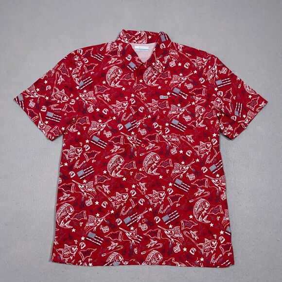 Columbia PFG‎ Shirt Men Small Button Up Vented Red White Fish Flag Patriot - Picture 1 of 12